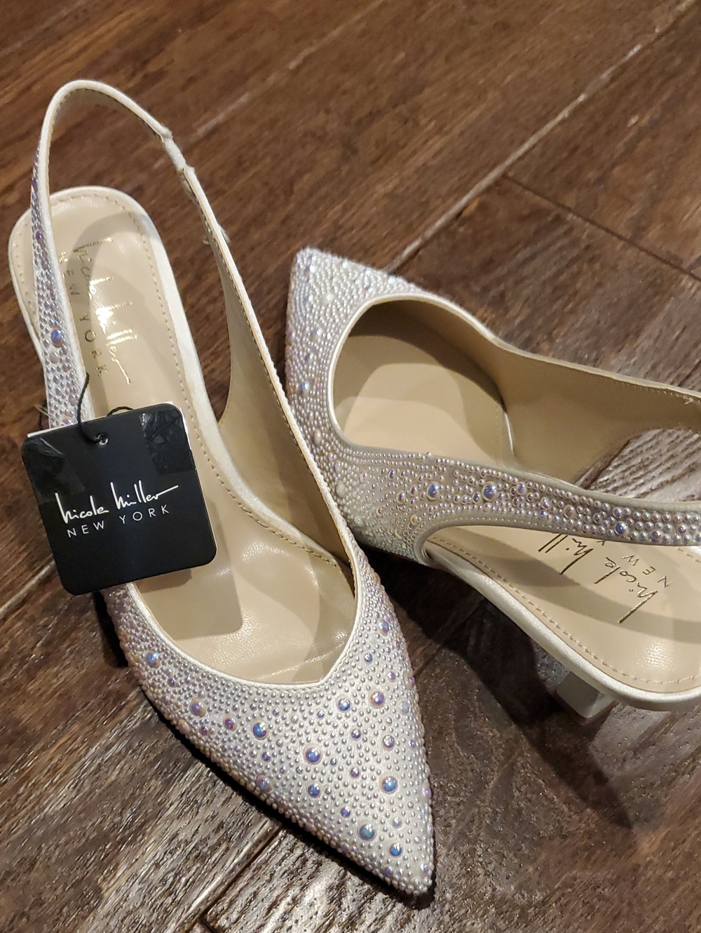 Nicole Miller Iridescent Ivory Crystal Slingback Pumps